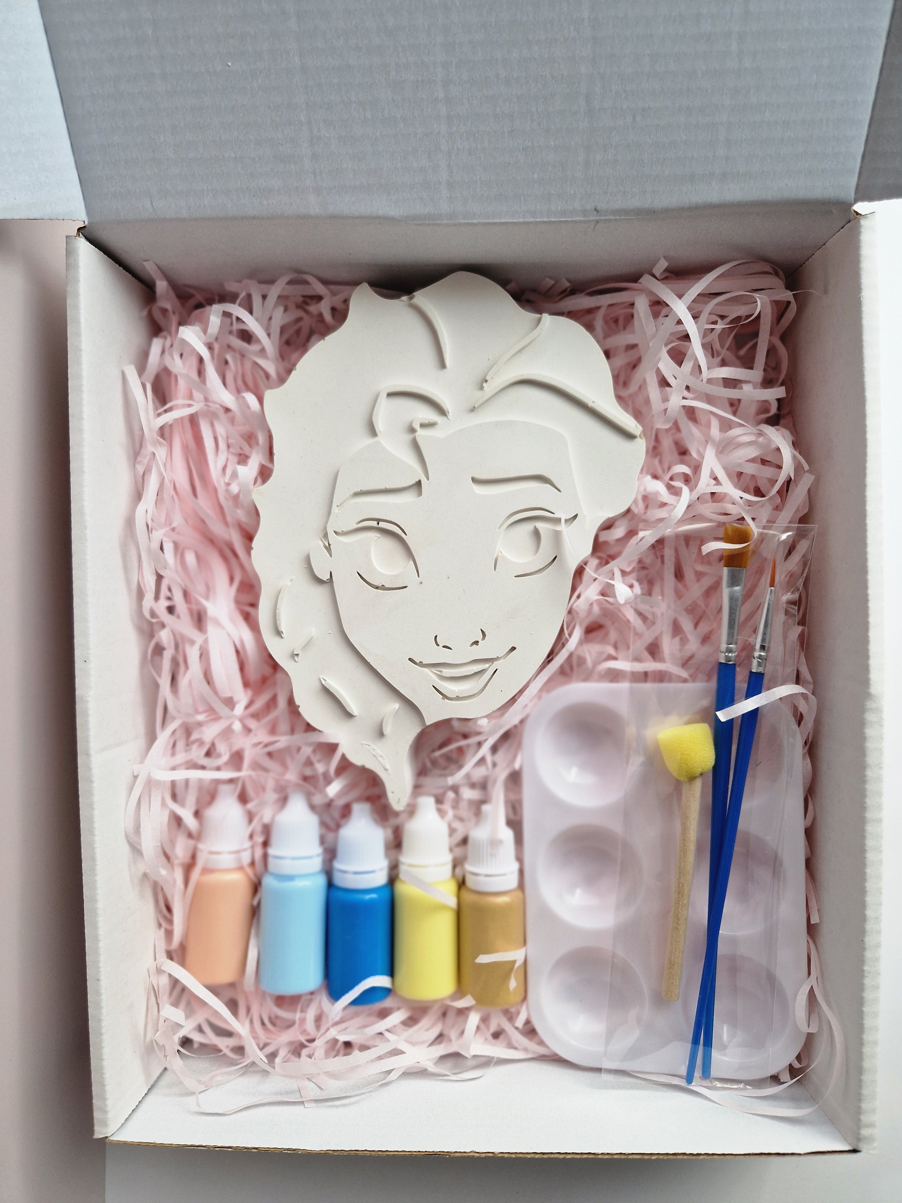 Schilderpakket Elsa van Frozen, met 5 verfflesjes, mengpalet en 3penselen