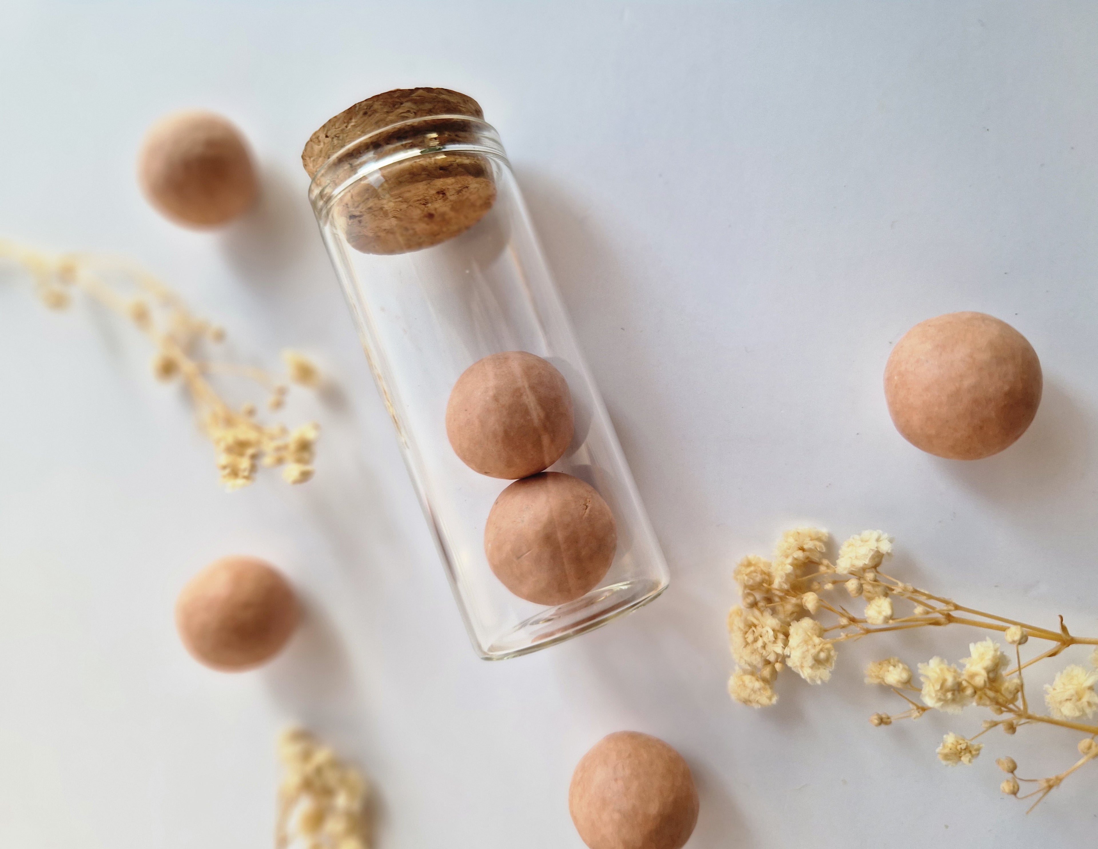 Glazen buisje met 2 terracotta Blossombs omringd met droogbloemen