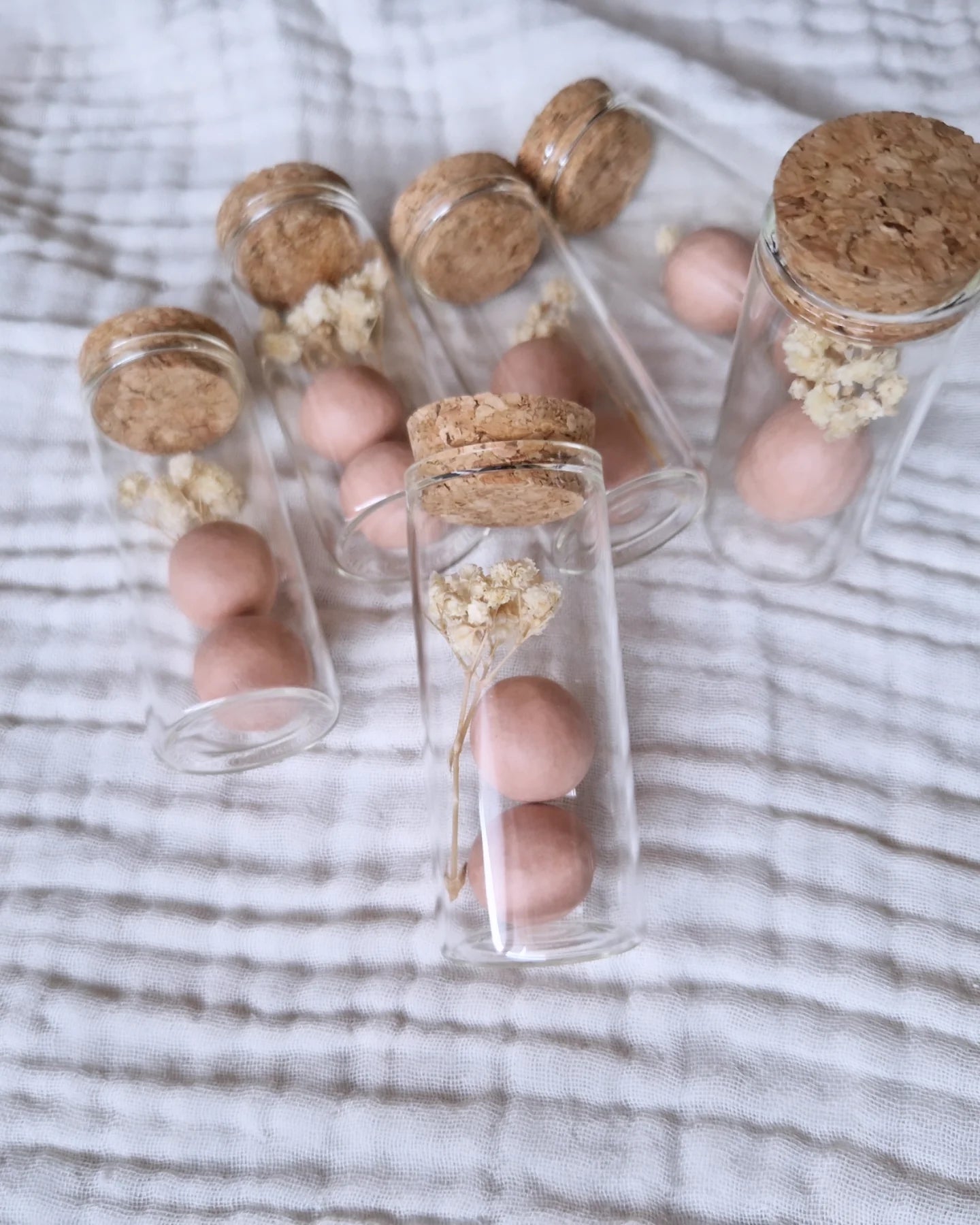 Roze blossombs in glazen buisje met droogbloemetje